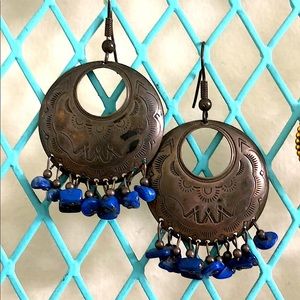 Silver Circles with indigo beads dangle earrings